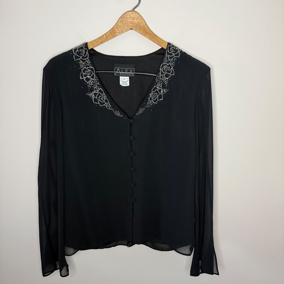 Women's Alex Evenings Black Jeweled Sheer Sleeves Button Down Top Jacket Size L - Picture 1 of 6
